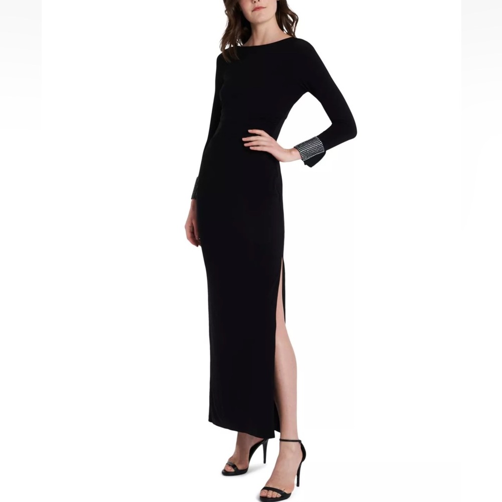 JBS LIMITED Womens Black Slitted Long Sleeve Maxi Formal Sheath Dress - Reemoly